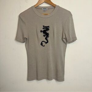 Vintage Democracy Weekend Ribbed Tee Women’s S Jeweled Dragon Khaki Y2K 2000s